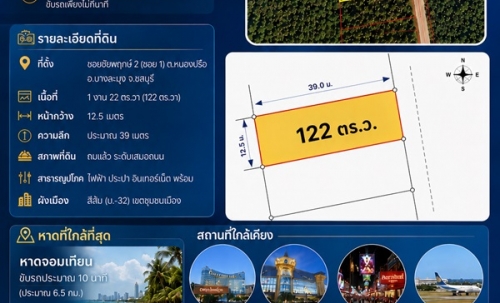 ขาย/เช่า ที่ดินเปล่า เขต EEC บางละมุง ชลบุรี ทำเลดี เนื้อที่ 1 งาน 22 ตร.วา โทร 085-9196101